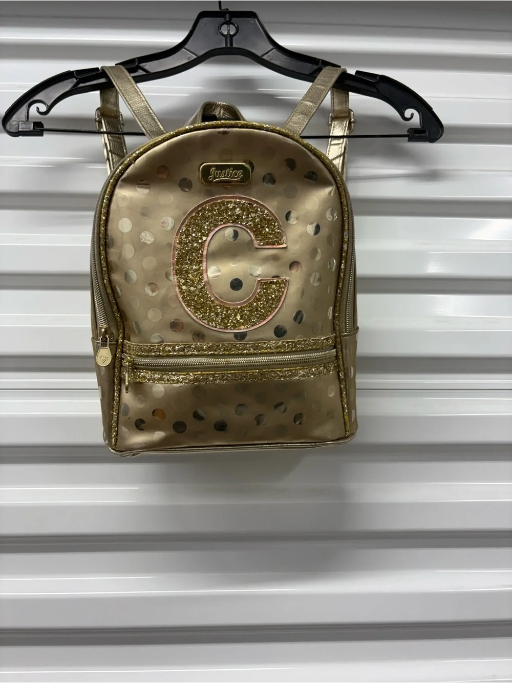 Justice Gold Mini Faux Leather Polka Dot Backpack Glitter Letter C Zip Pockets